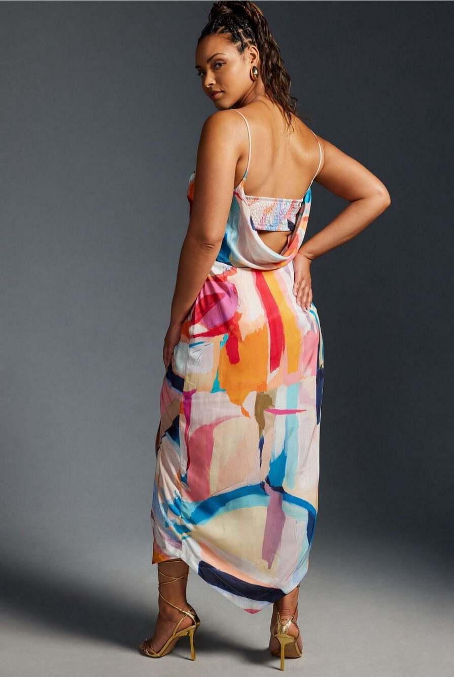 Anthropologie Abstract Dress Painterly Y2K Cowl Neck Midi - 8 - Picture 2 of 12